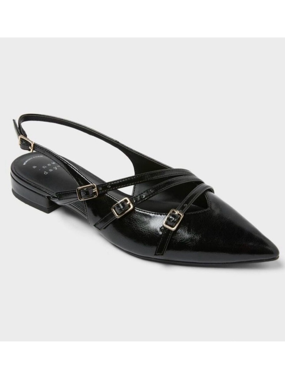 A New Day Black Pointed Slingback Flats with Triple Buckle Straps 11
